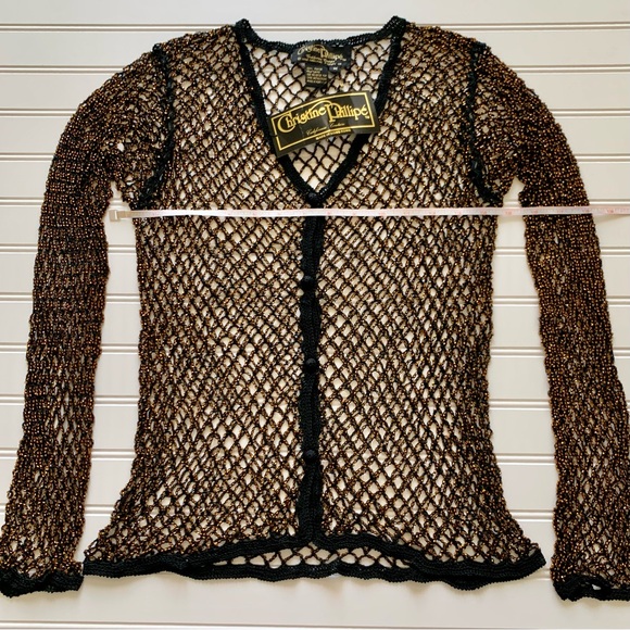 NWT Christine Phillipe Cali Couture Black & Bronze Beaded Crochet Knit Top Sz M - Picture 12 of 13